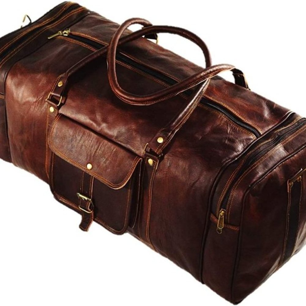 NEW Men's Vintage Brown Leather Goat Duffle Bag - Picture 2 of 8
